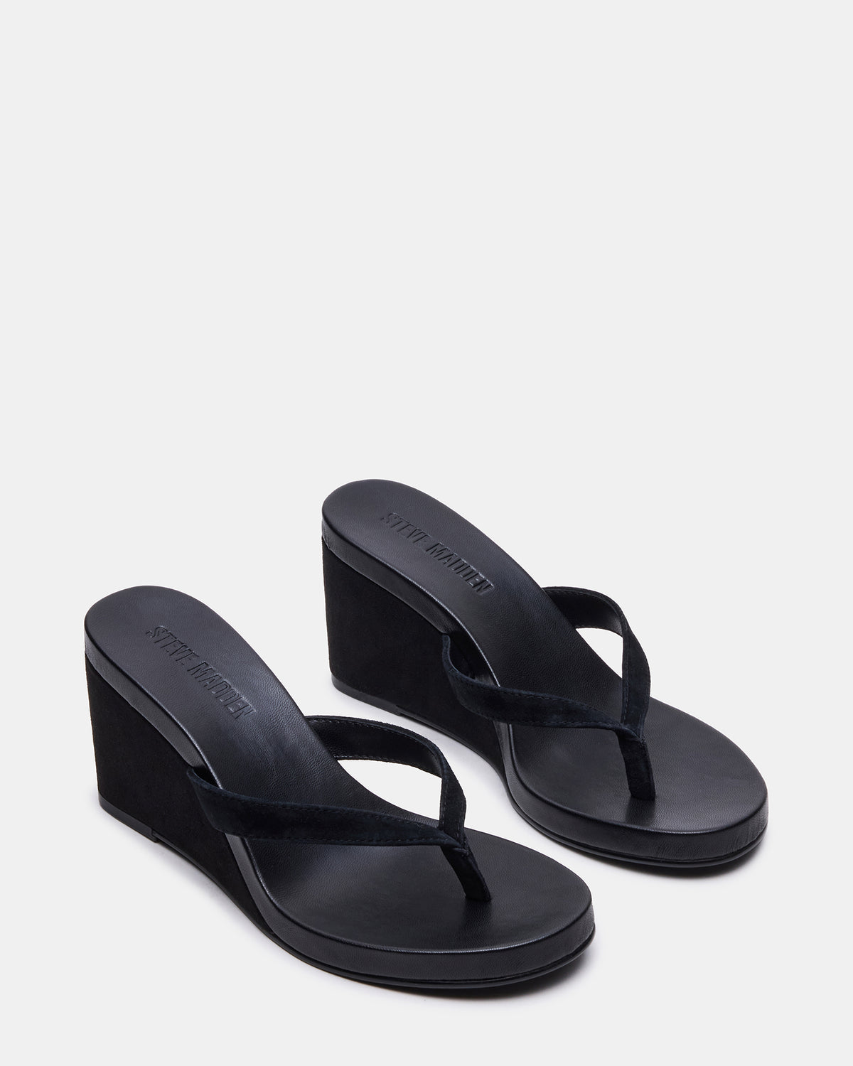 PLAYING Black Suede Thong Wedge Women's Sandal | Steve Madden