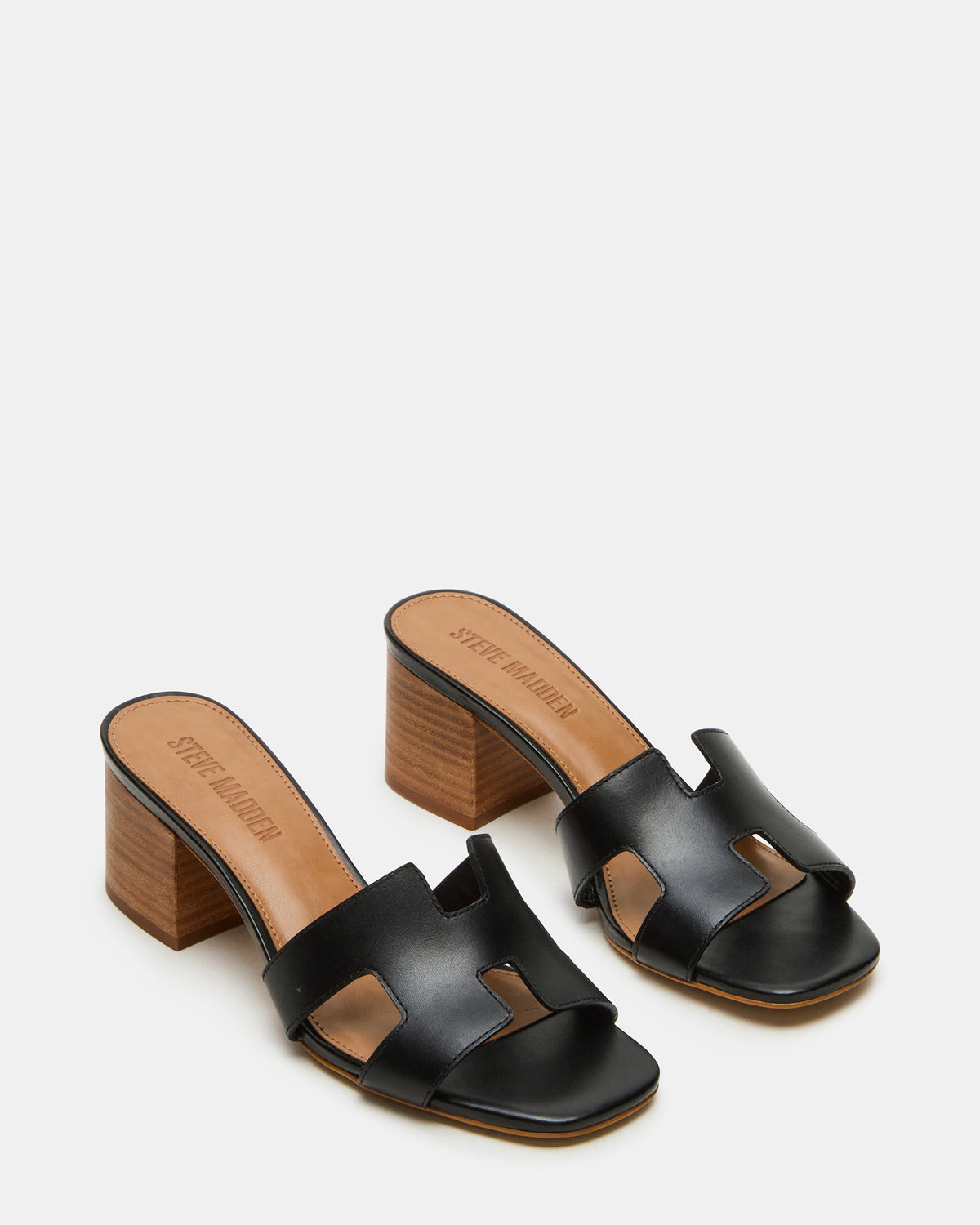 HANA Black Leather Square-Toe Mule Block Heel Women's Sandal | Steve Madden