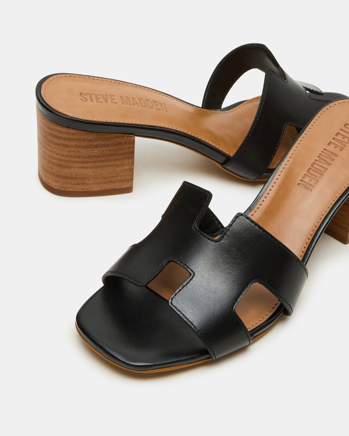 HANA Black Leather Square-Toe Mule Block Heel Women's Sandal | Steve Madden