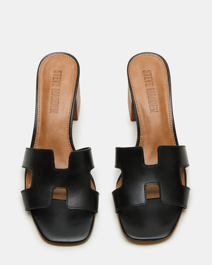 HANA Black Leather Square-Toe Mule Block Heel Women's Sandal | Steve Madden