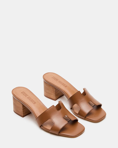 HANA Cognac Leather Square-Toe Mule Block Heel Women's Sandal | Steve Madden