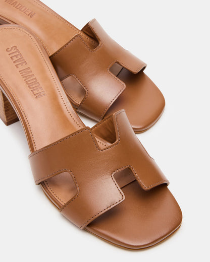 HANA Cognac Leather Square-Toe Mule Block Heel Women's Sandal | Steve Madden