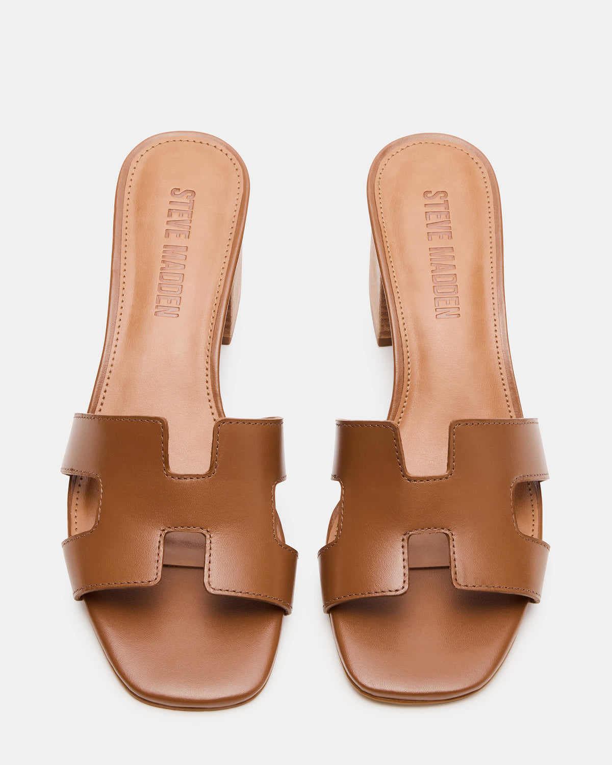 HANA Cognac Leather Square-Toe Mule Block Heel Women's Sandal | Steve Madden