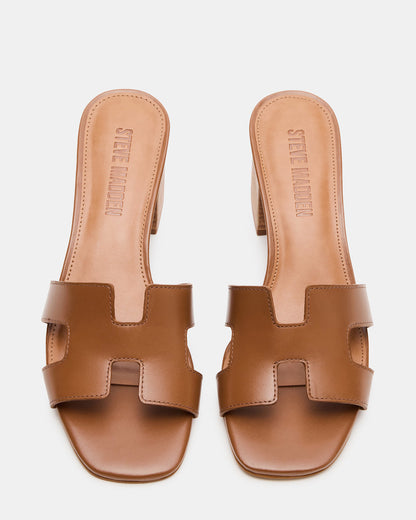 HANA Cognac Leather Square-Toe Mule Block Heel Women's Sandal | Steve Madden