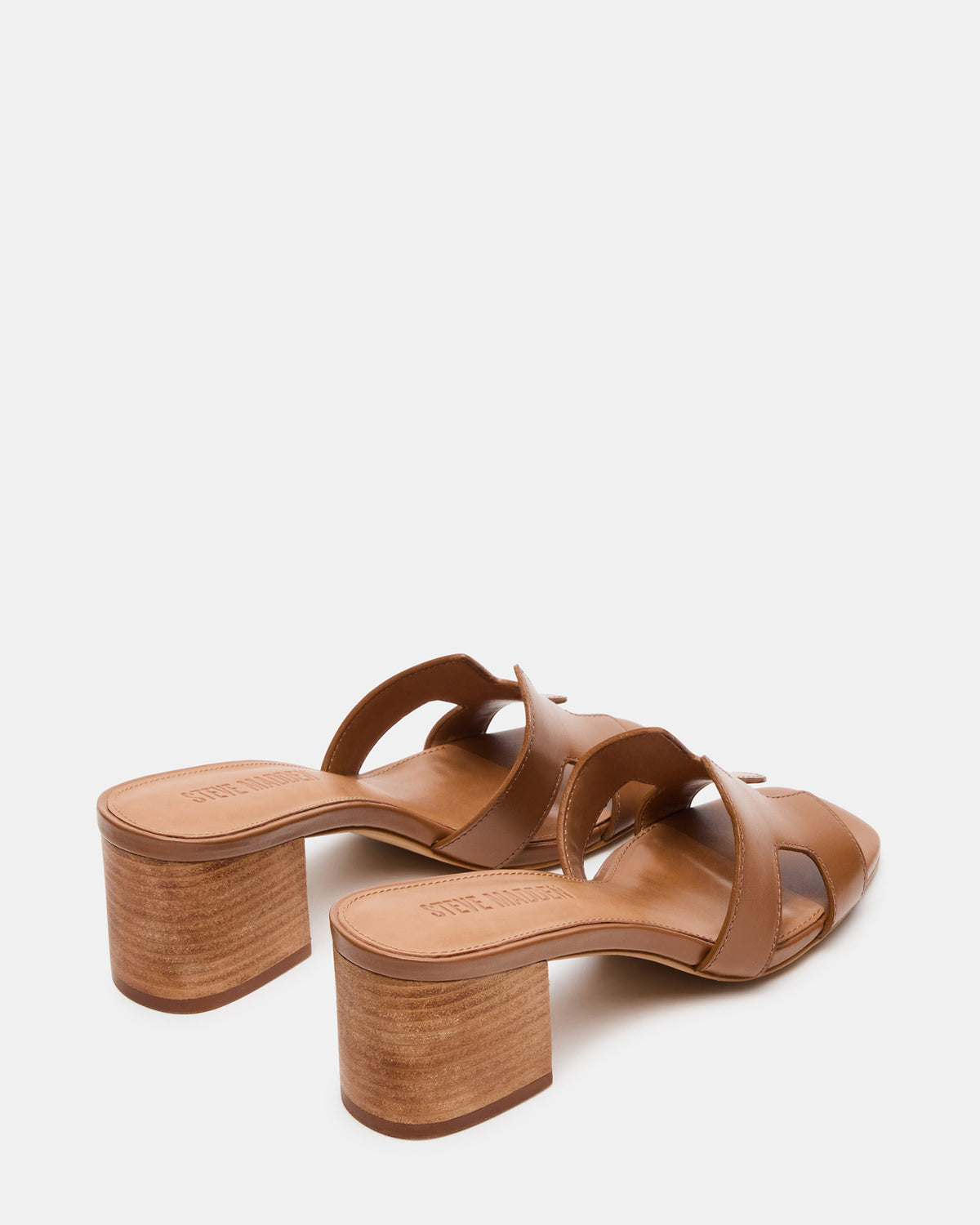 HANA Cognac Leather Square-Toe Mule Block Heel Women's Sandal | Steve Madden