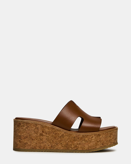 HARMONY Cognac Leather Wedge Mule Cork Platform Women's Sandal | Steve Madden