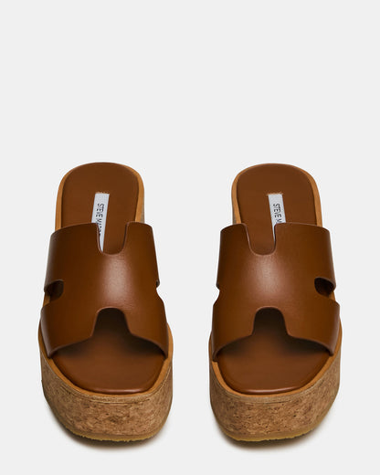 HARMONY Cognac Leather Wedge Mule Cork Platform Women's Sandal | Steve Madden