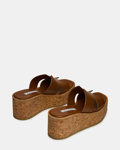 HARMONY Cognac Leather Wedge Mule Cork Platform Women's Sandal | Steve Madden