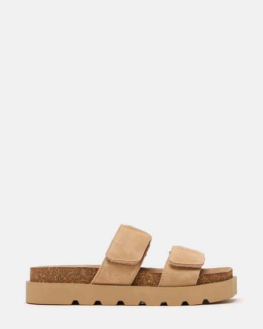 LUTHER Taupe Suede Velcro Strap Slip-On Square-Toe Women's Sandals | Steve Madden