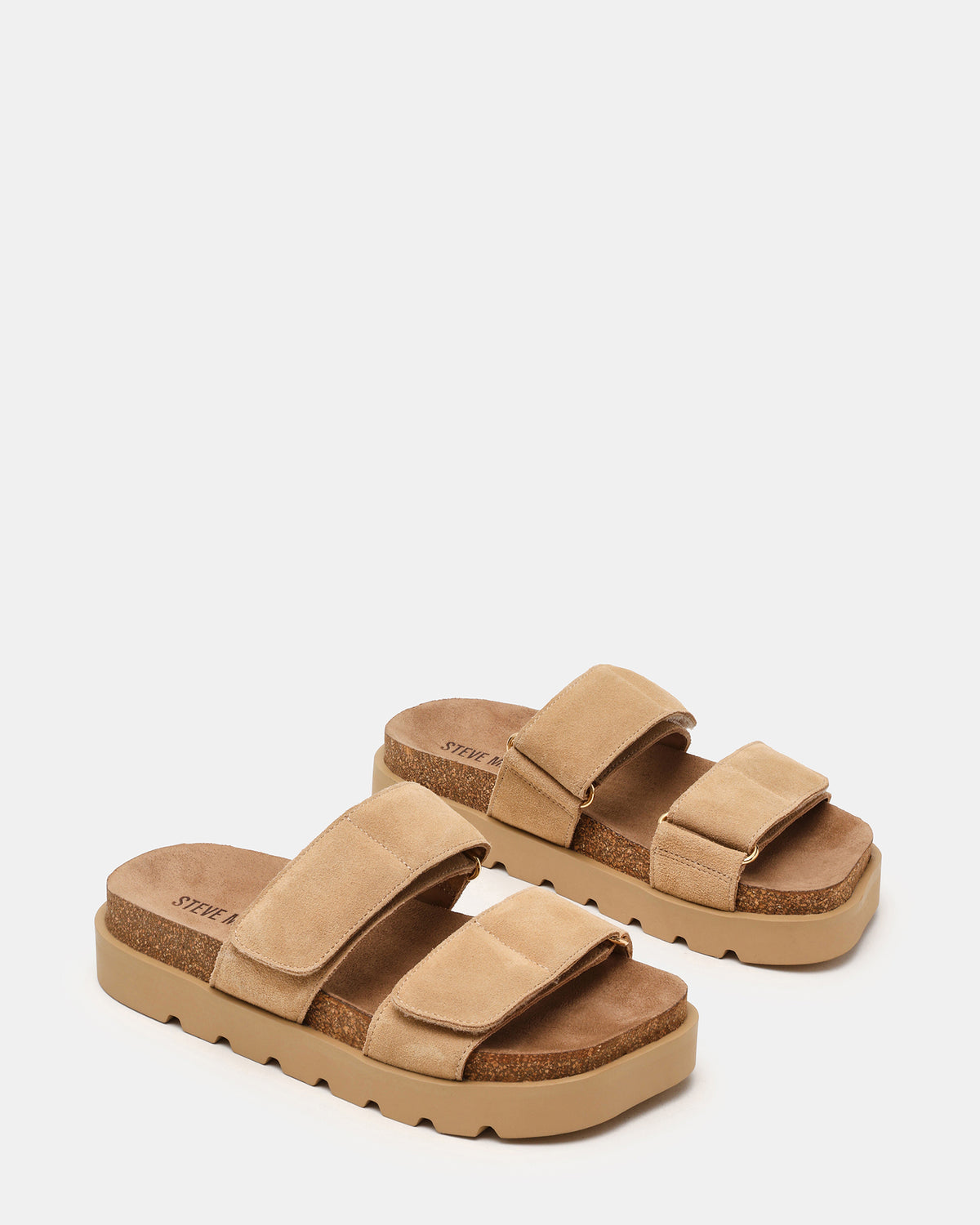 LUTHER Taupe Suede Velcro Strap Slip-On Square-Toe Women's Sandals | Steve Madden