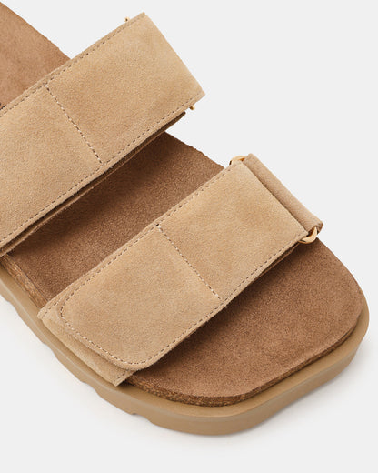 LUTHER Taupe Suede Velcro Strap Slip-On Square-Toe Women's Sandals | Steve Madden