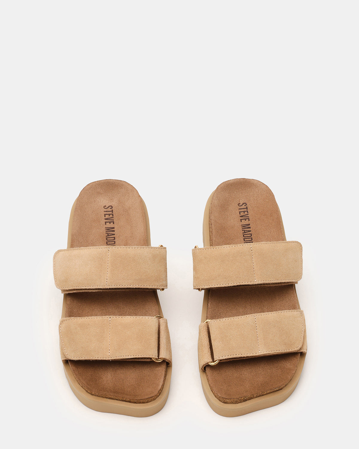 LUTHER Taupe Suede Velcro Strap Slip-On Square-Toe Women's Sandals | Steve Madden