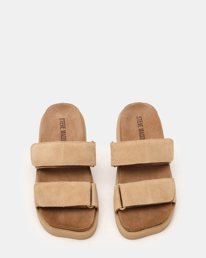 LUTHER Taupe Suede Velcro Strap Slip-On Square-Toe Women's Sandals | Steve Madden
