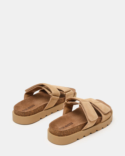 LUTHER Taupe Suede Velcro Strap Slip-On Square-Toe Women's Sandals | Steve Madden