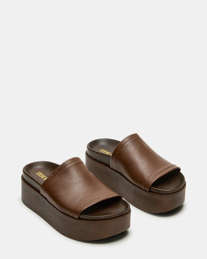 ARWEN Brown Leather Women's Platform Footbed Slide Chunky Sandal | Steve Madden