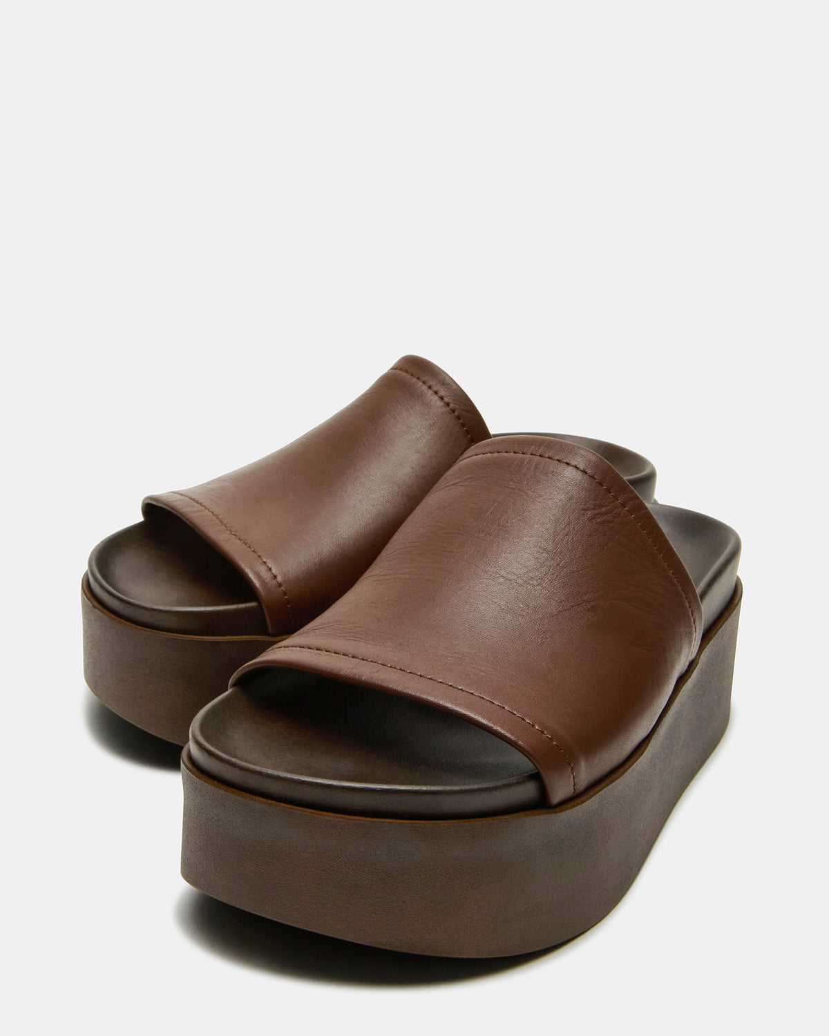 ARWEN Brown Leather Women's Platform Footbed Slide Chunky Sandal | Steve Madden