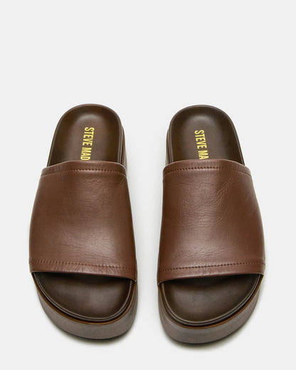 ARWEN Brown Leather Women's Platform Footbed Slide Chunky Sandal | Steve Madden