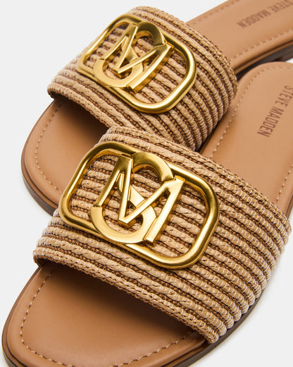 KORA Natural Raffia Gold Detail Slide Women's Sandal | Steve Madden