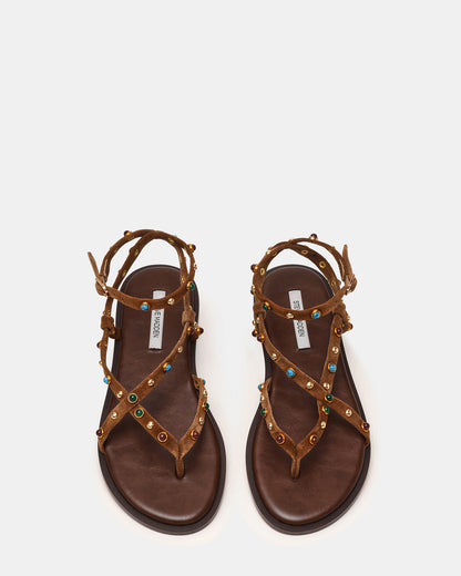 MATHIS Tan Suede Studded Embellished Strappy Thong Women's Sandal | Steve Madden