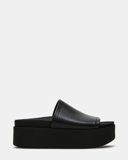 ARWEN Black Leather Women's Platform Footbed Slide Chunky Sandal | Steve Madden