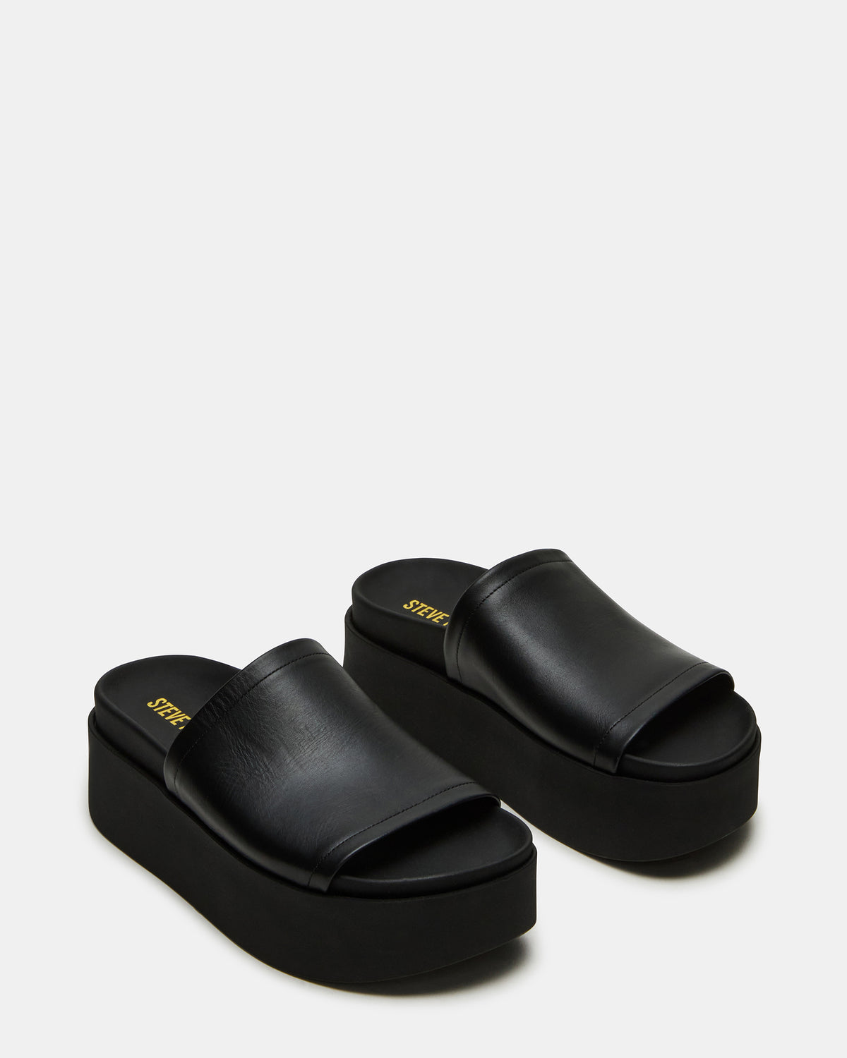 ARWEN Black Leather Women's Platform Footbed Slide Chunky Sandal | Steve Madden