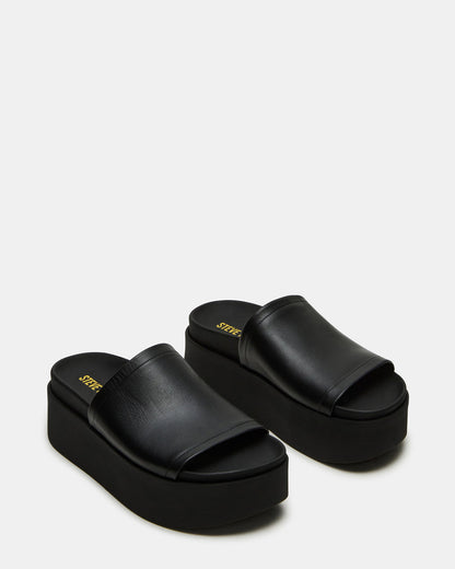ARWEN Black Leather Women's Platform Footbed Slide Chunky Sandal | Steve Madden