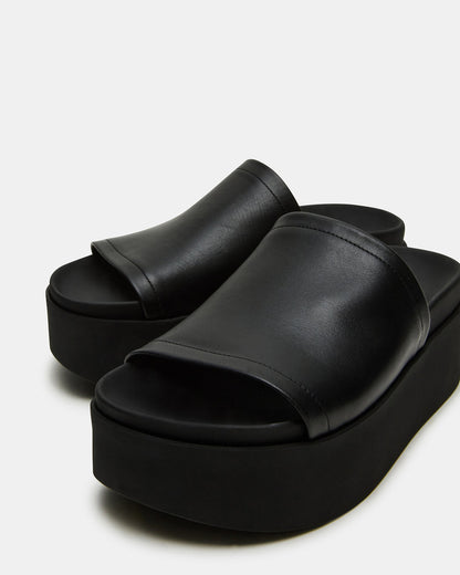 ARWEN Black Leather Women's Platform Footbed Slide Chunky Sandal | Steve Madden