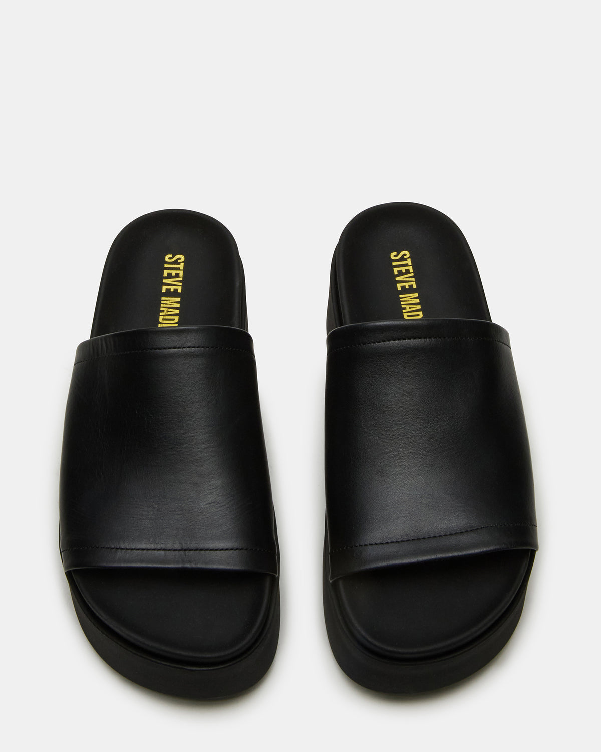 ARWEN Black Leather Women's Platform Footbed Slide Chunky Sandal | Steve Madden
