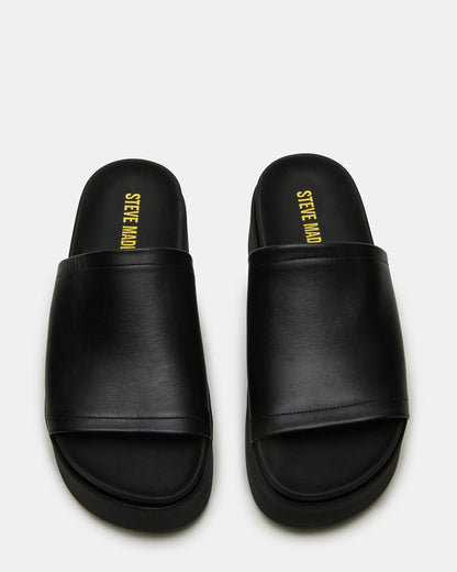 ARWEN Black Leather Women's Platform Footbed Slide Chunky Sandal | Steve Madden