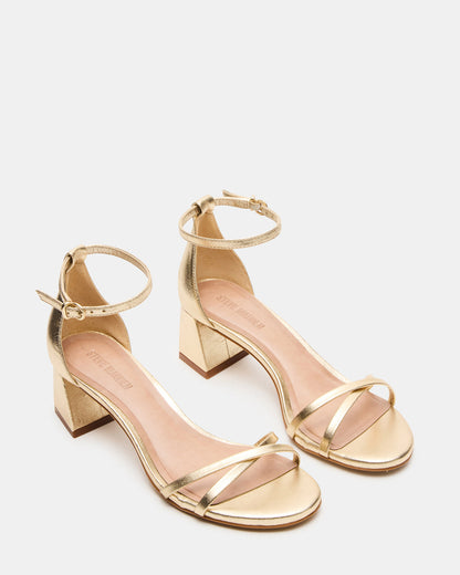 RAE Gold Leather Strappy Block Heel Women's Sandal | Steve Madden