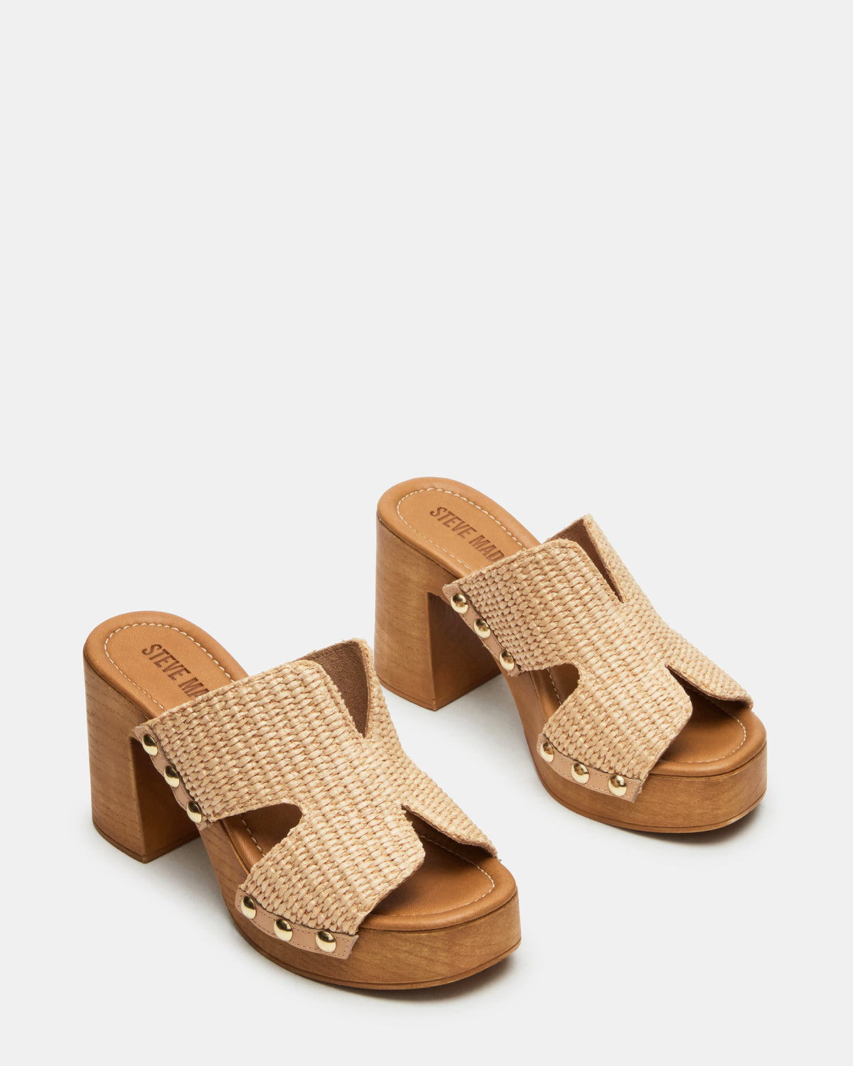 SUNKISSED Raffia Platform Block Heel Studded Women's Sandal | Steve Madden