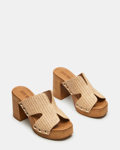 SUNKISSED Raffia Platform Block Heel Studded Women's Sandal | Steve Madden