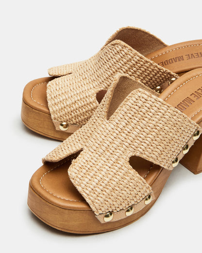 SUNKISSED Raffia Platform Block Heel Studded Women's Sandal | Steve Madden