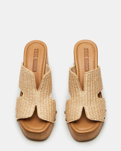 SUNKISSED Raffia Platform Block Heel Studded Women's Sandal | Steve Madden