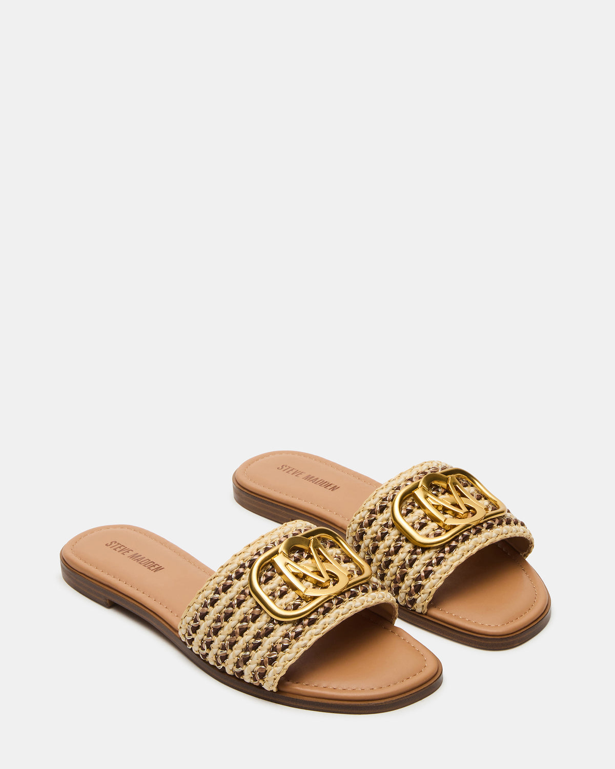 KORA Brown Raffia Gold Detail Slide Women's Sandal | Steve Madden