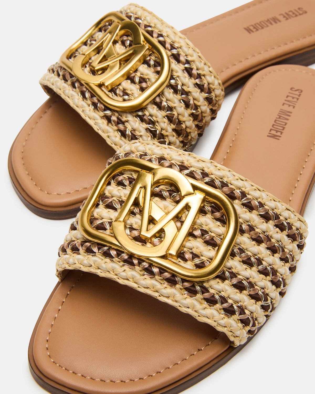KORA Brown Raffia Gold Detail Slide Women's Sandal | Steve Madden