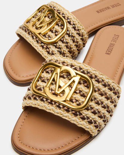 KORA Brown Raffia Gold Detail Slide Women's Sandal | Steve Madden