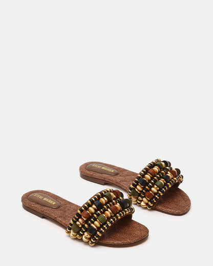 MARIKA Beads Brown Raffia Round-Toe Slide Women's Sandal | Steve Madden