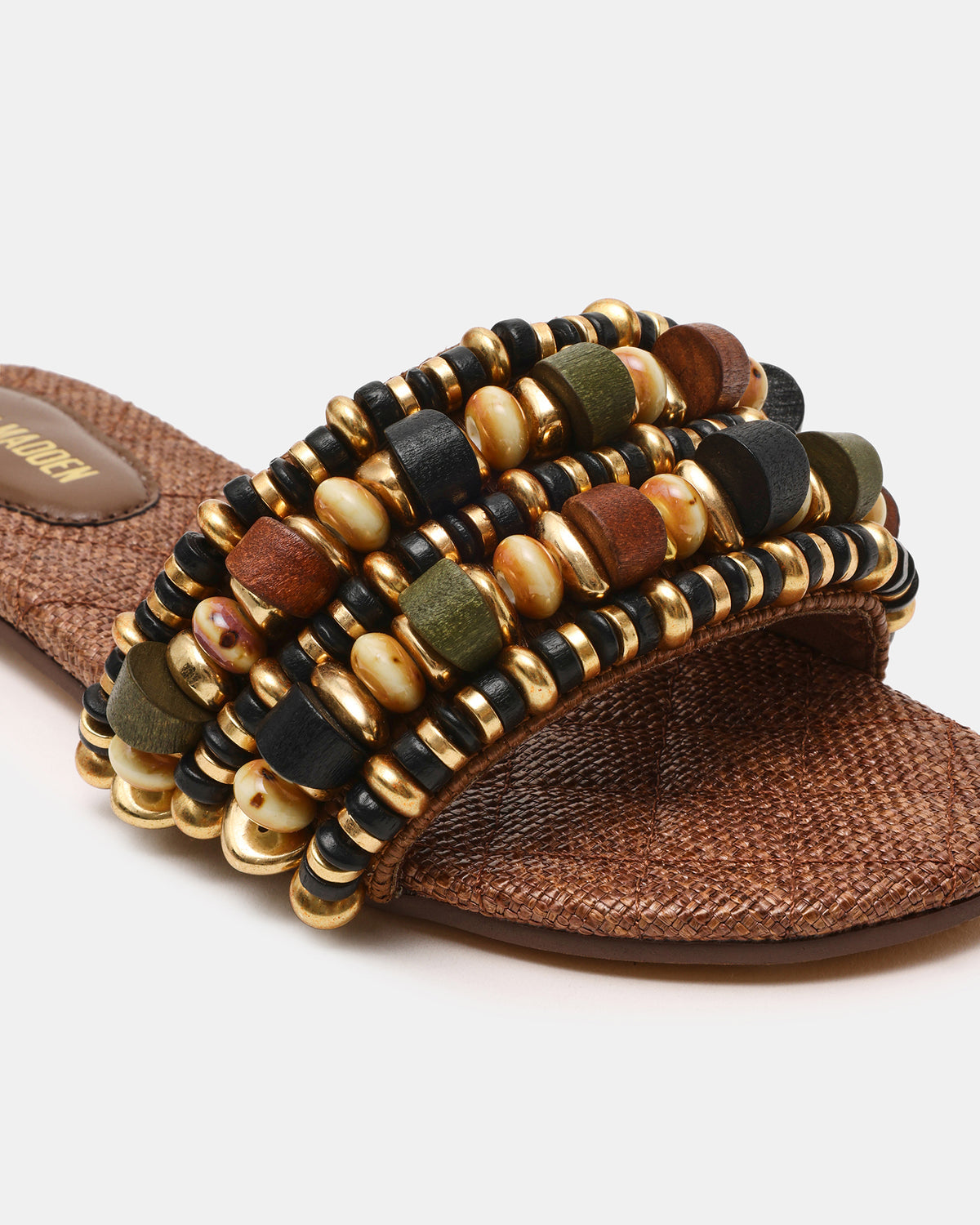 MARIKA Beads Brown Raffia Round-Toe Slide Women's Sandal | Steve Madden