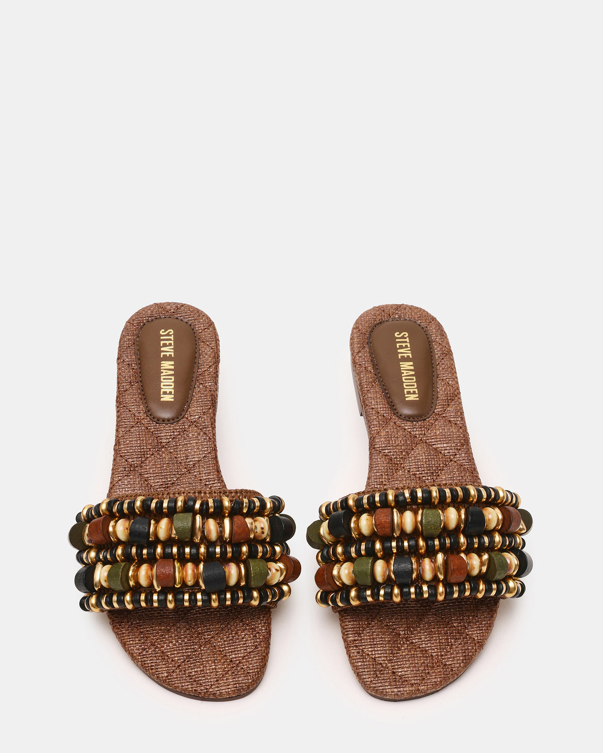 MARIKA Beads Brown Raffia Round-Toe Slide Women's Sandal | Steve Madden