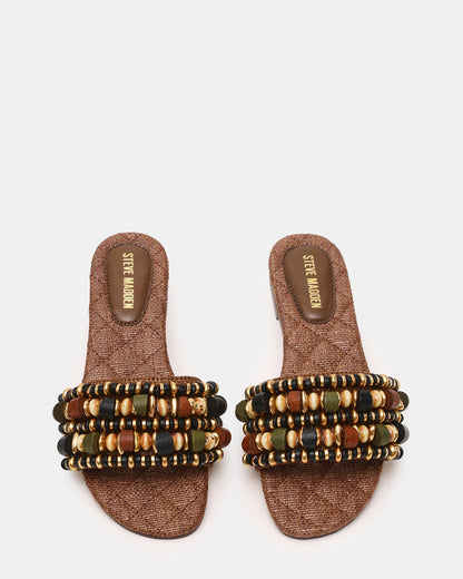 MARIKA Beads Brown Raffia Round-Toe Slide Women's Sandal | Steve Madden