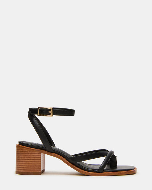 TILLY Black Leather Square-Toe Block Heel Strappy Women's Sandal | Steve Madden