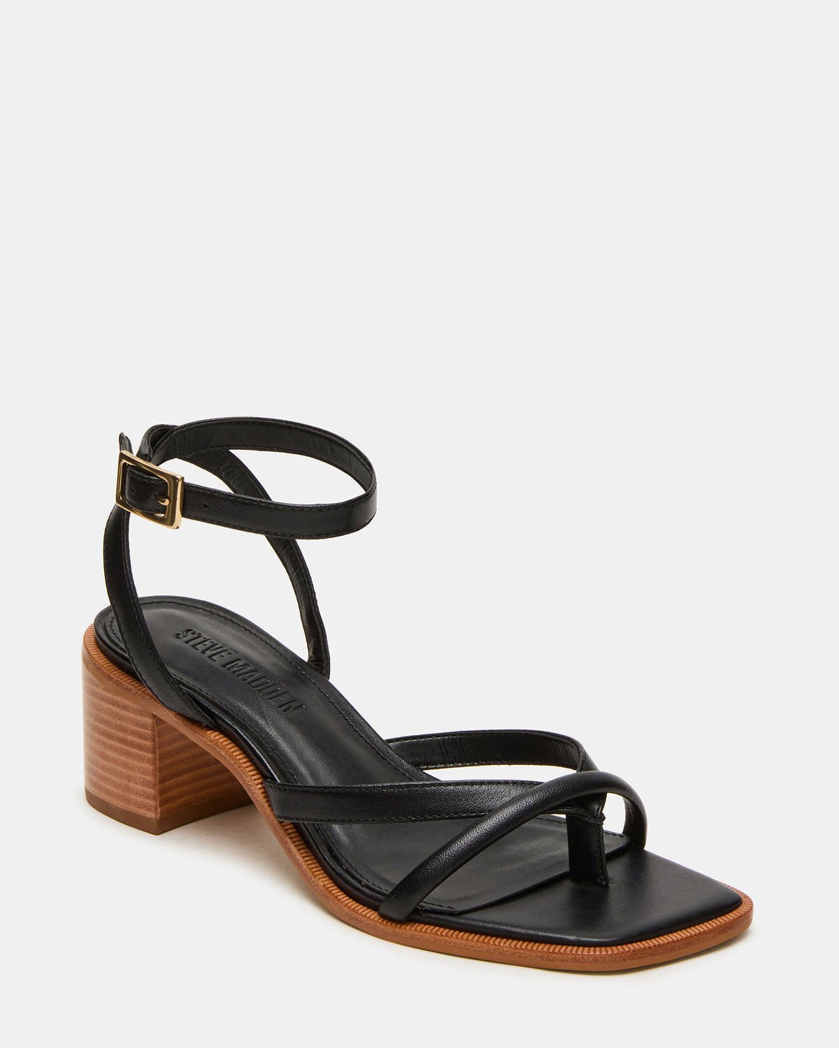 TILLY Black Leather Square-Toe Block Heel Strappy Women's Sandal | Steve Madden
