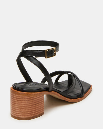 TILLY Black Leather Square-Toe Block Heel Strappy Women's Sandal | Steve Madden