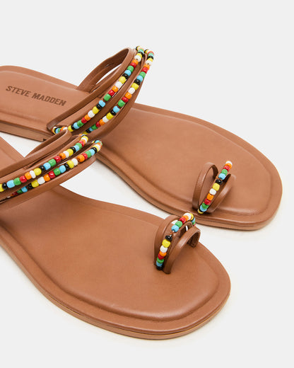 NABILA Tan Multi Sqaure-Toe Beaded Women's Sandal | Steve Madden
