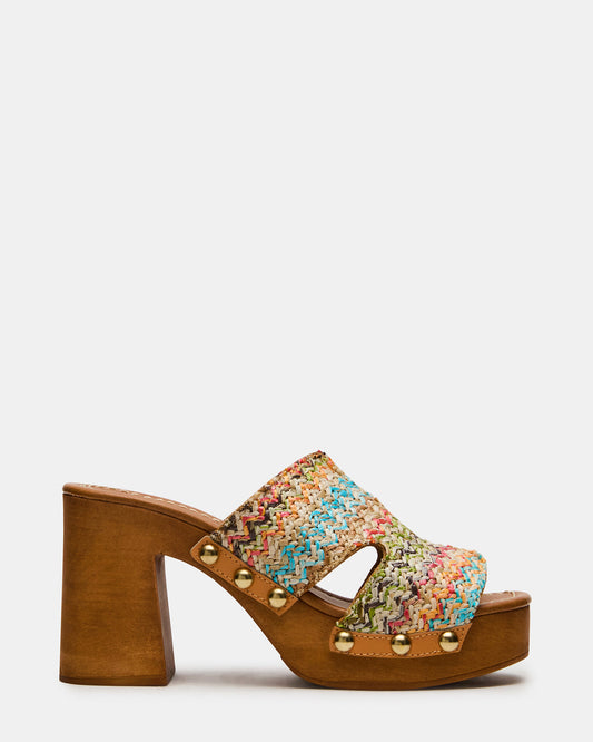 SUNKISSED Multi Raffia Platform Block Heel Studded Women's Sandal | Steve Madden
