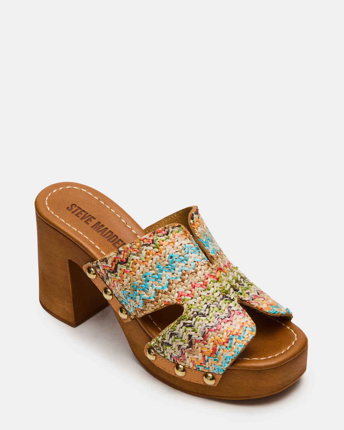 SUNKISSED Multi Raffia Platform Block Heel Studded Women's Sandal | Steve Madden