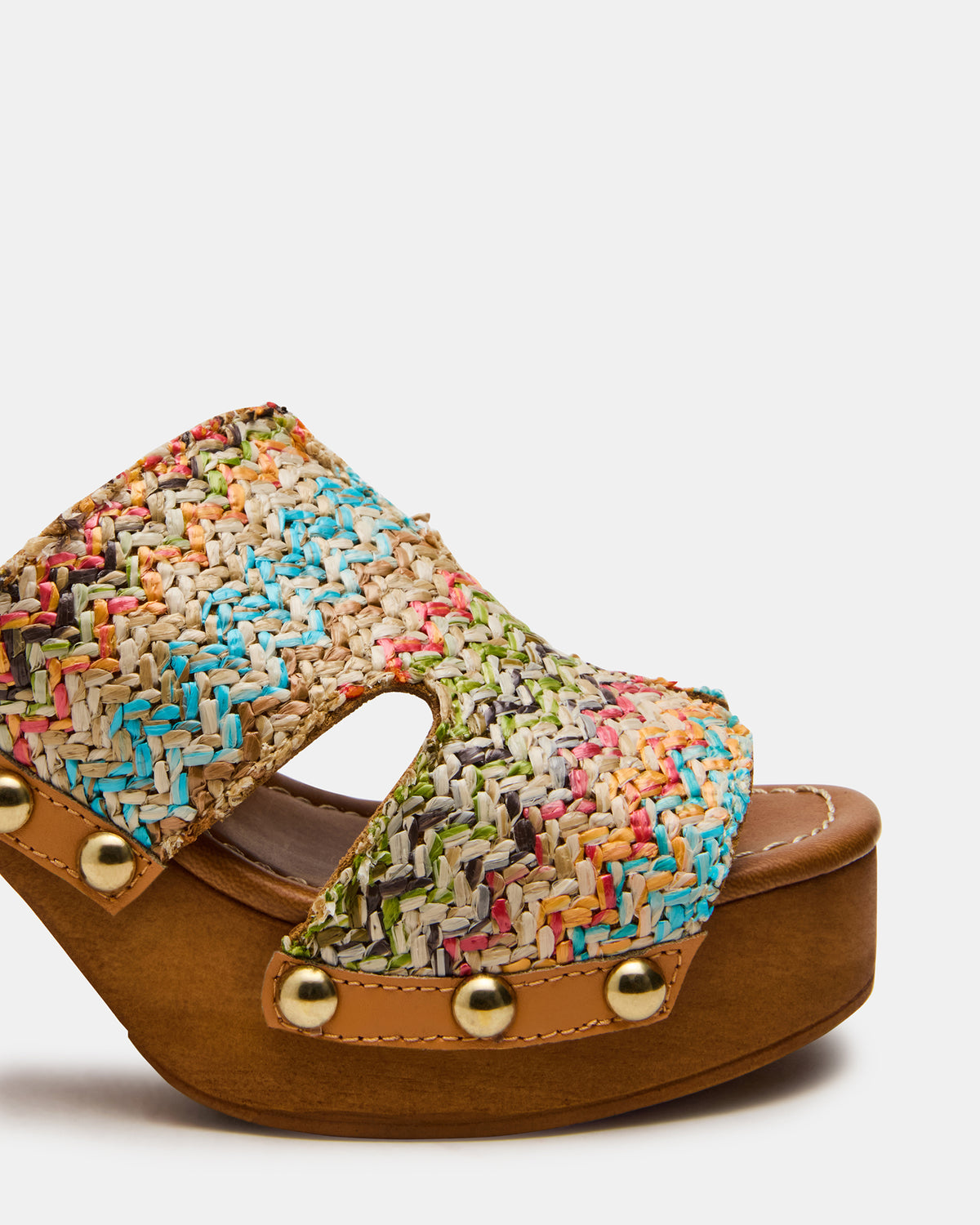 SUNKISSED Multi Raffia Platform Block Heel Studded Women's Sandal | Steve Madden