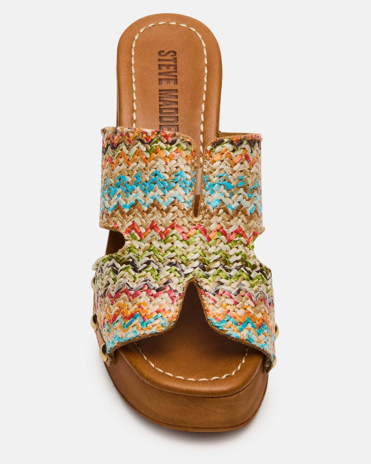SUNKISSED Multi Raffia Platform Block Heel Studded Women's Sandal | Steve Madden