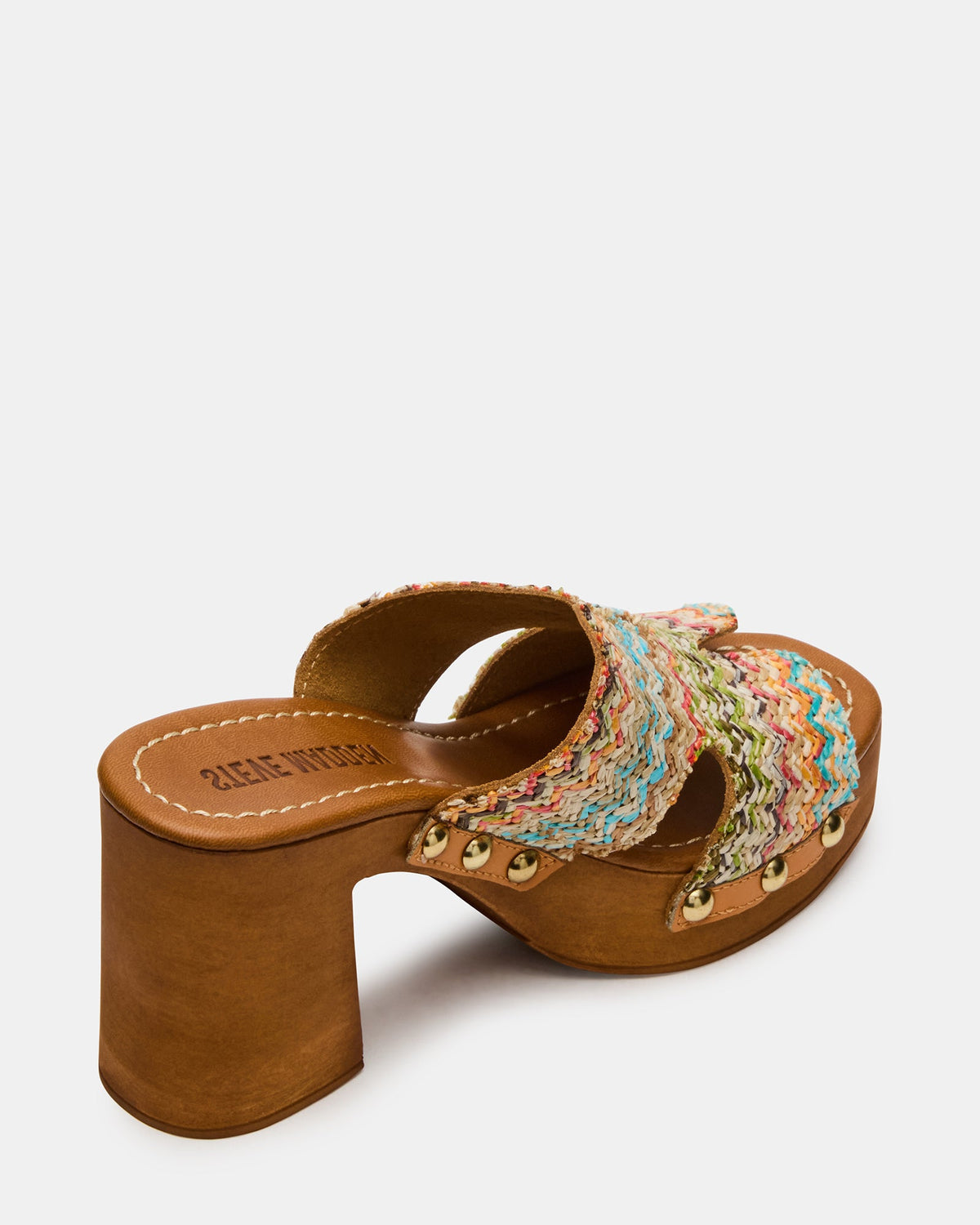 SUNKISSED Multi Raffia Platform Block Heel Studded Women's Sandal | Steve Madden